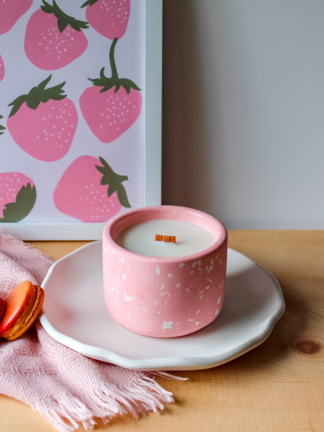 strawberry macaron terrazzo candle